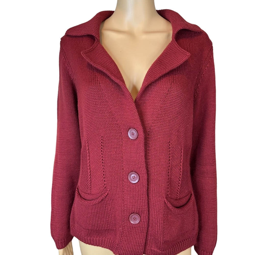 Hekla & Co Women Cardigan Sweater Medium M Maroon Red Merino Wool